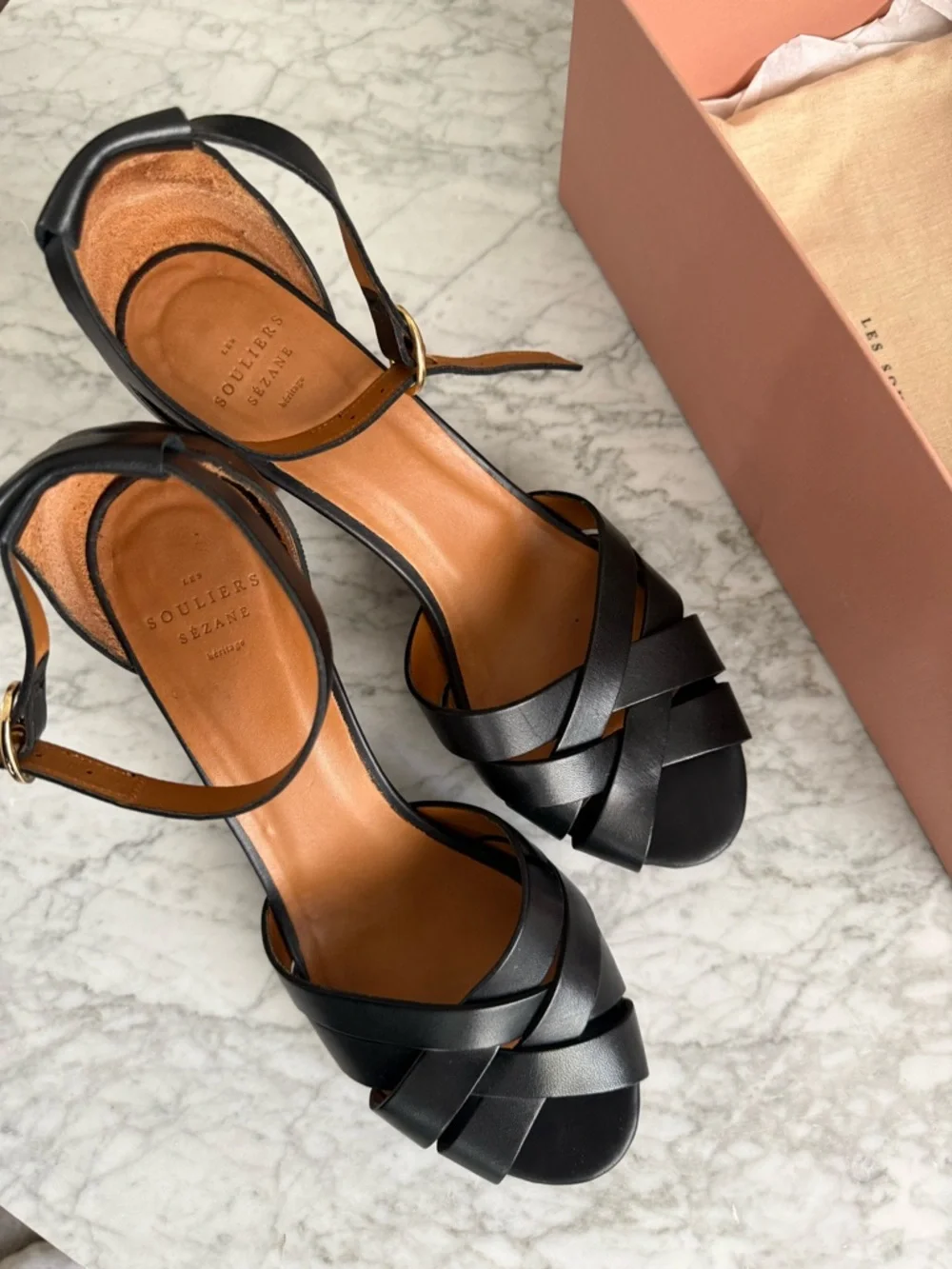 Sezane Black Leather Block Heel Sandals with Brown Wood Heel EU40